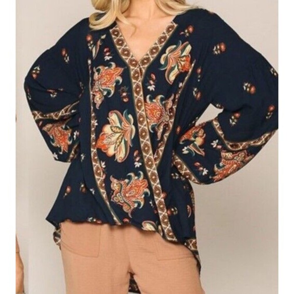 Navy Blue Tribal Ethnic Border Print Surplice VNeck Wrap High Low Blouse Top S